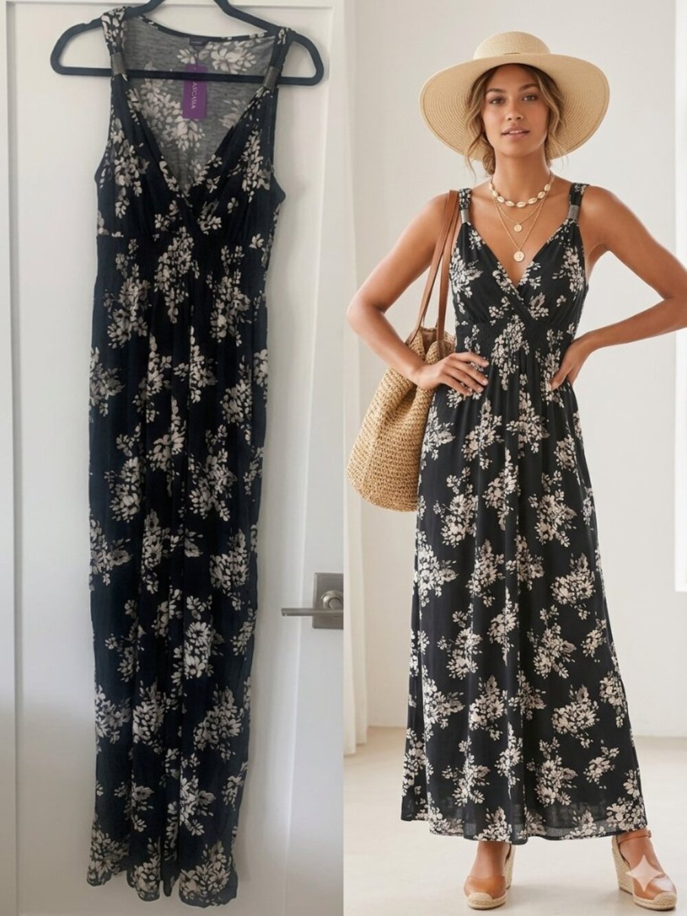 LASCANA NWT Black & White Floral Maxi Dress Size 8 Boho Resort